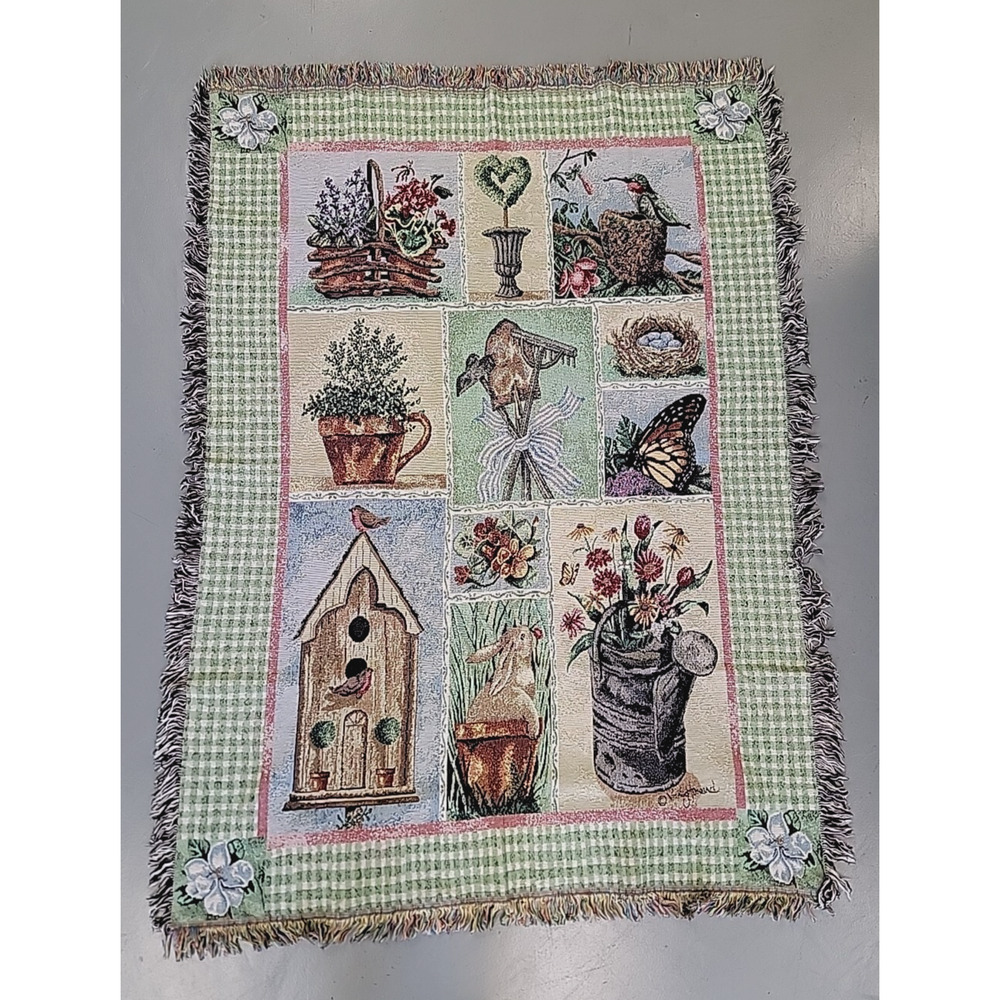 Vintage Throw Spring Birdhouse Hummingbird Floral Butterflies 60x70"
